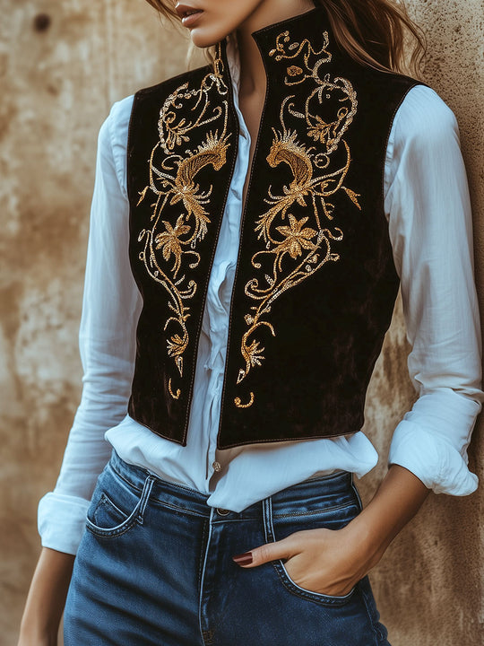 Chic Stand Collar Golden Embroidery Suede Vest