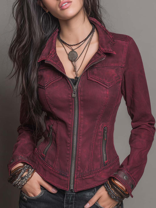 Vintage Distressed Zipper Pocket Denim Jacket