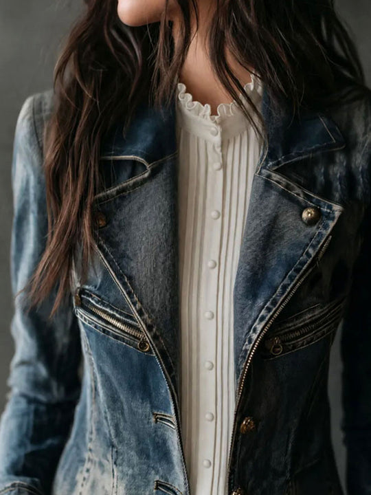Vintage Washed Denim Moto Biker Zip Slim Jacket
