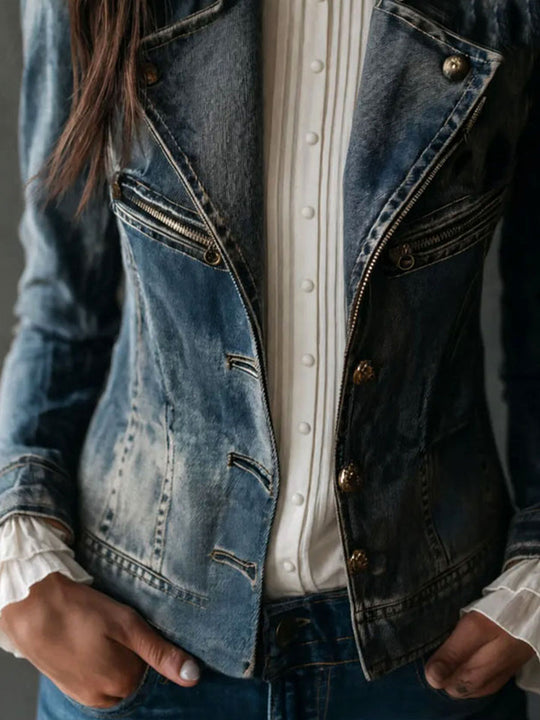 Vintage Washed Denim Moto Biker Zip Slim Jacket