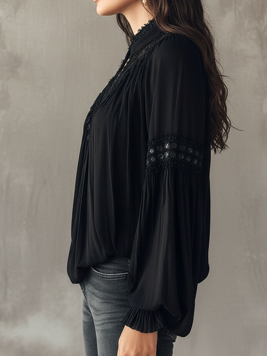 Black Lace Blouse – Vintage Boho Long-Sleeve Top With V-Neck And Puff Sleeves