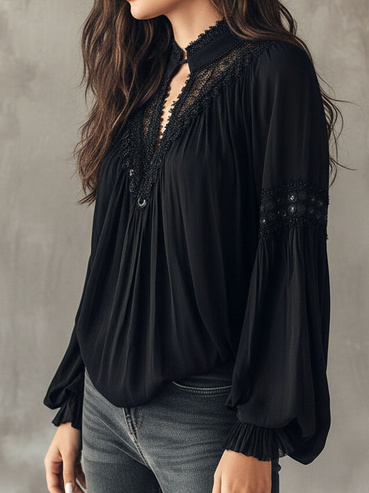 Black Lace Blouse – Vintage Boho Long-Sleeve Top With V-Neck And Puff Sleeves