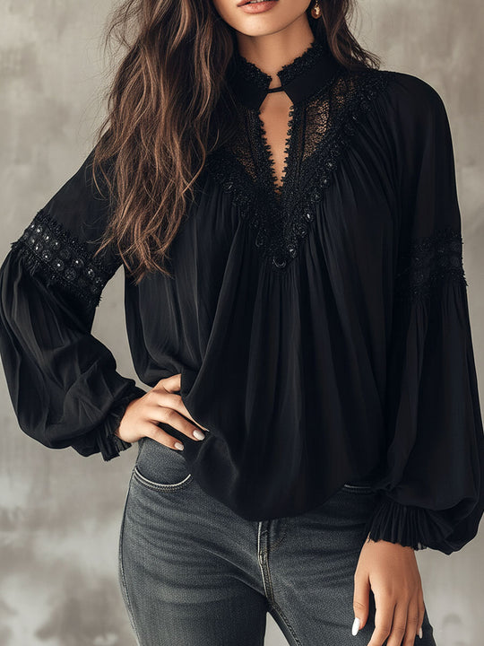 Black Lace Blouse – Vintage Boho Long-Sleeve Top With V-Neck And Puff Sleeves