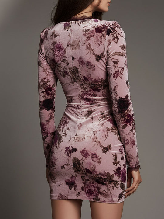 Elegant Blush Floral Velvet Ruched Mini Dress With Lace Trim