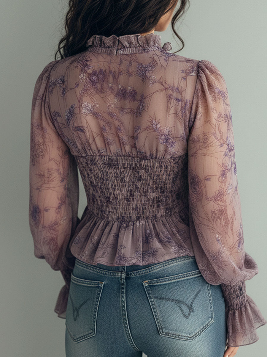Romantic Lavender Floral Ruffled Chiffon Blouse With Smocked Waist