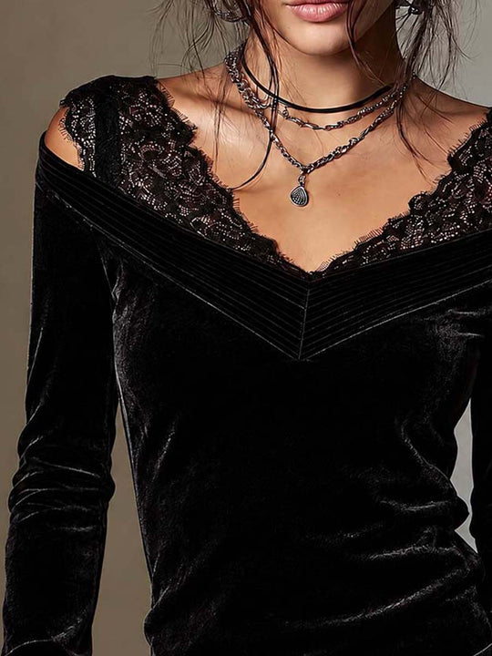 Women's Black Velvet Off-Shoulder V-Neck Long Sleeve Top with Lace Trim