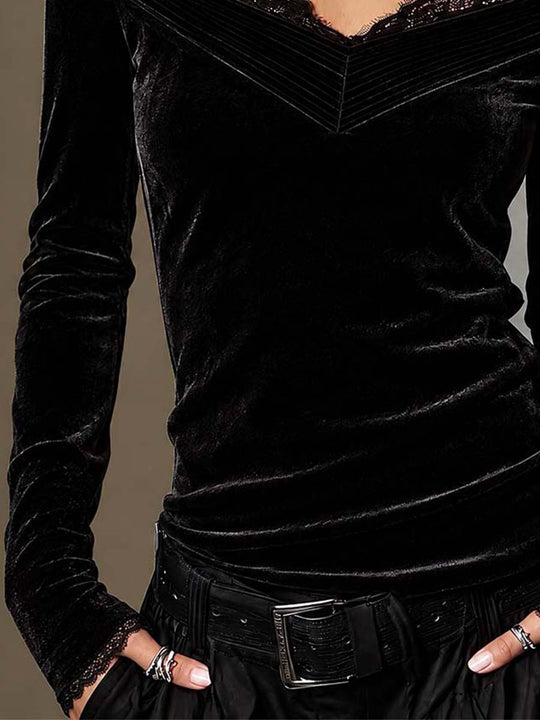Women's Black Velvet Off-Shoulder V-Neck Long Sleeve Top with Lace Trim