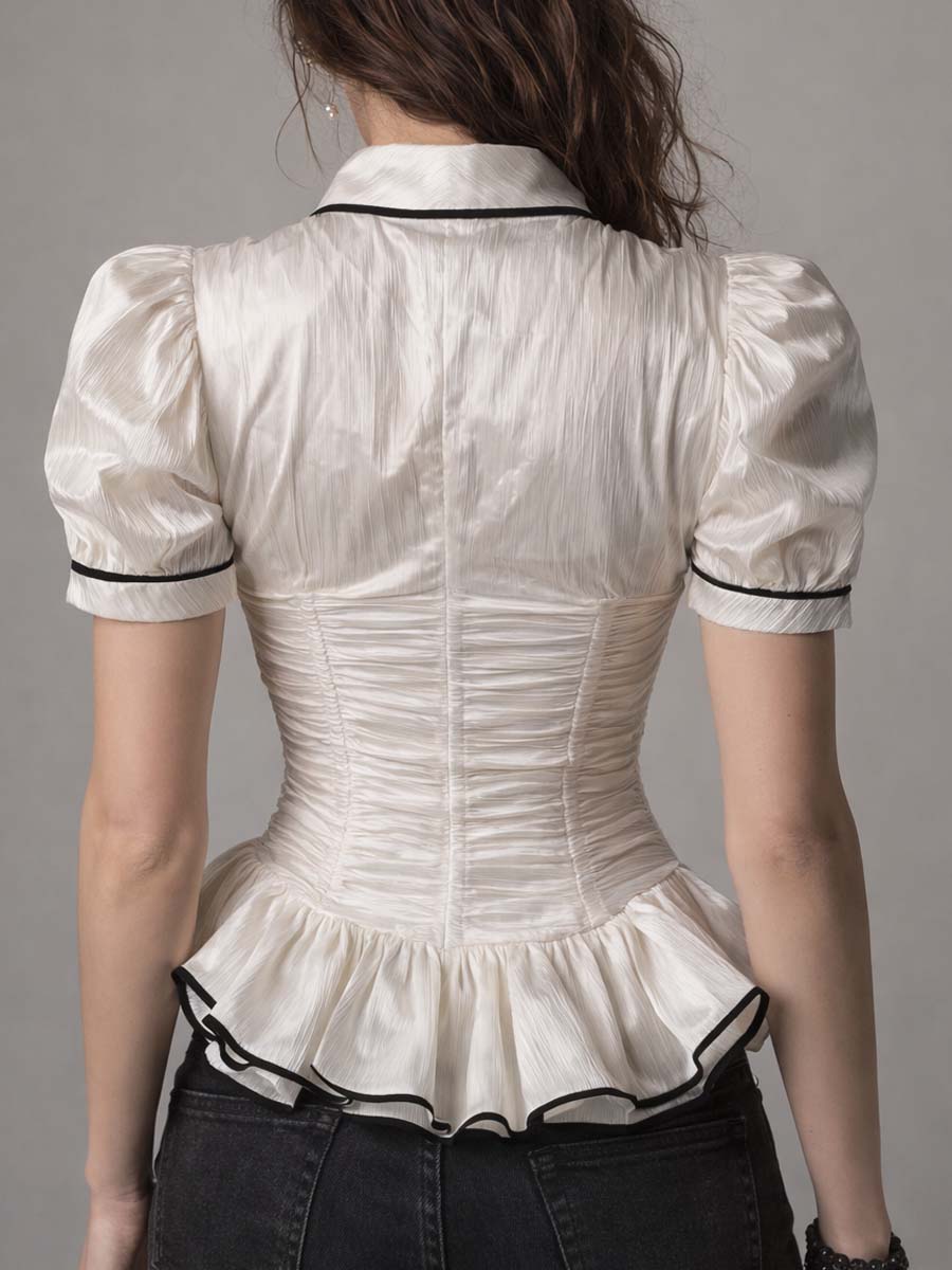Ivory Satin Ruched Ruffle Peplum Top