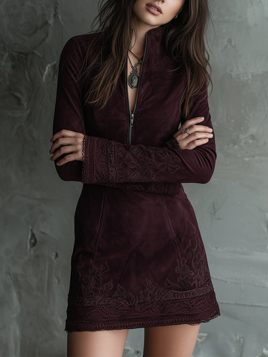 Vintage Suede Embroidered Lace Trim Mini Dress