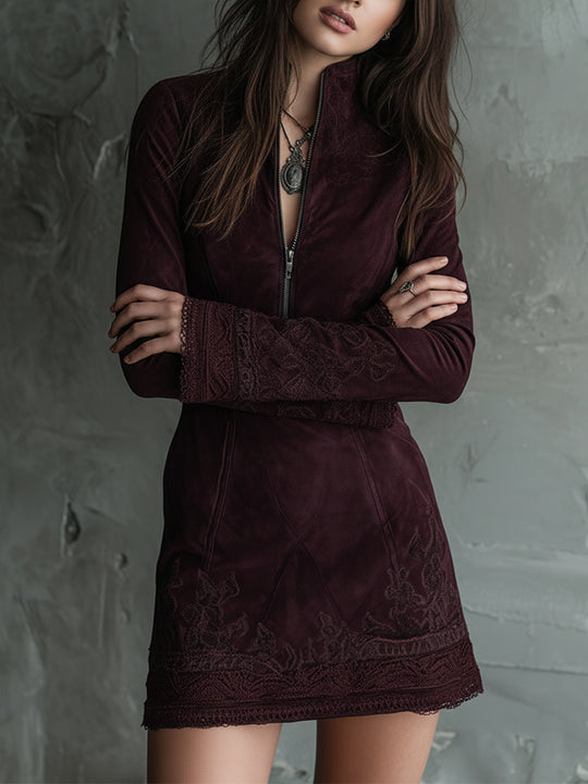 Vintage Suede Embroidered Lace Trim Mini Dress