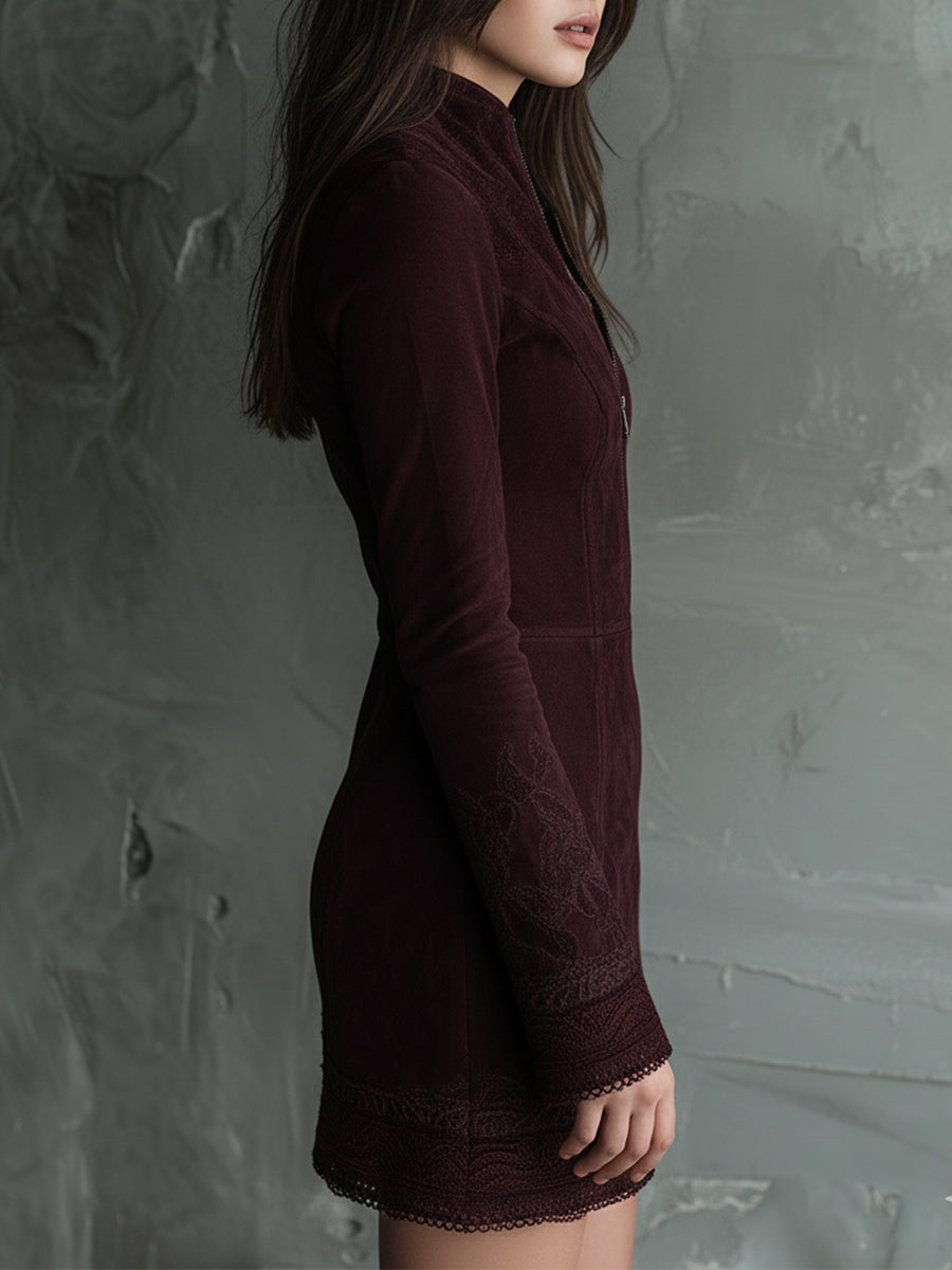 Vintage Suede Embroidered Lace Trim Mini Dress