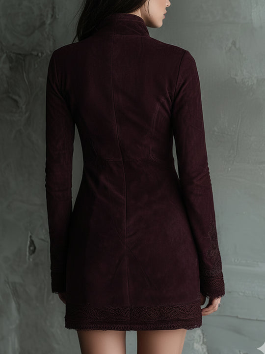 Vintage Suede Embroidered Lace Trim Mini Dress
