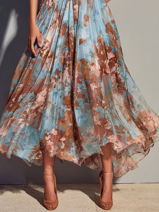 V-Neck Puff Sleeves Sky Blue And Mocha Floral Chiffon Midi Dress
