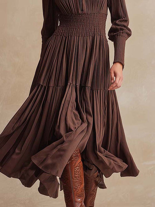 Smocked Pleated Zip-Front Midi Dress