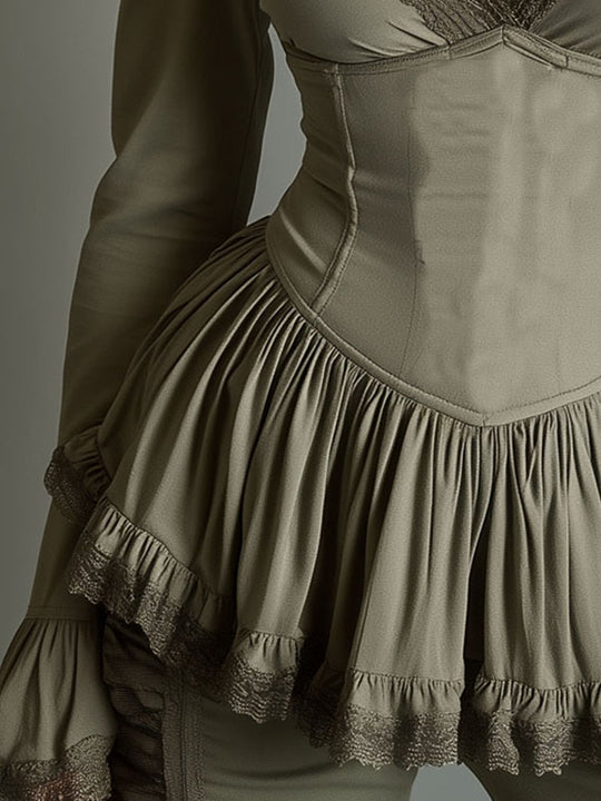 Chic V-Neck Olive Green Peplum Blouse With Lace Trim & Corset Waist