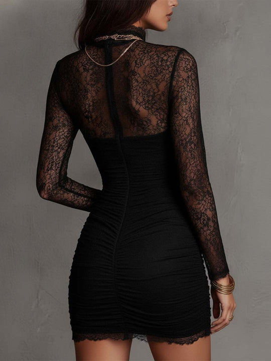 Vintage Black Floral Lace Mock Neck Ruched Bodycon Mini Dress