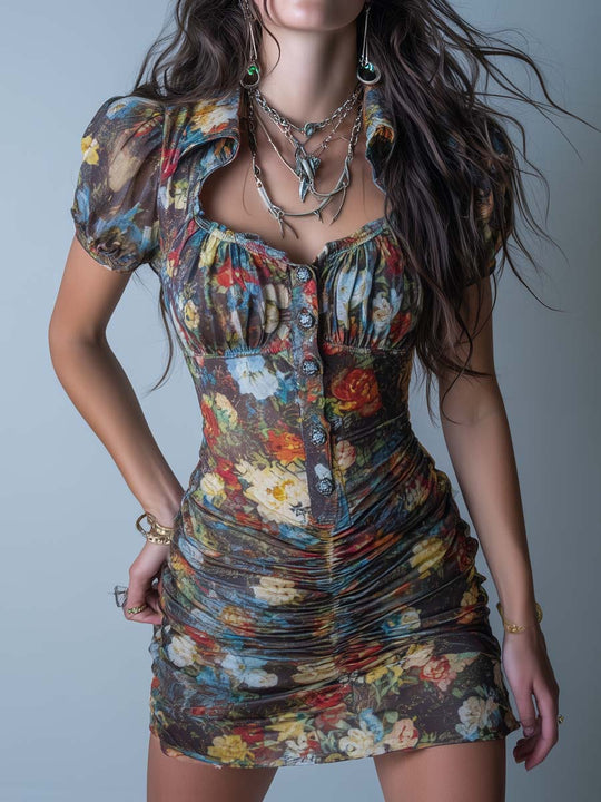 Retro Oil Painting Print Ruched Mini Dress