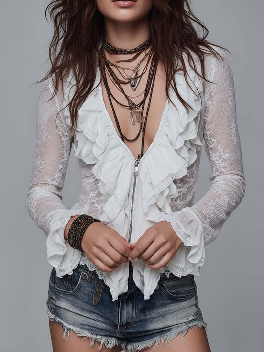 Bohemia White Lace Ruffle Zip Blouse