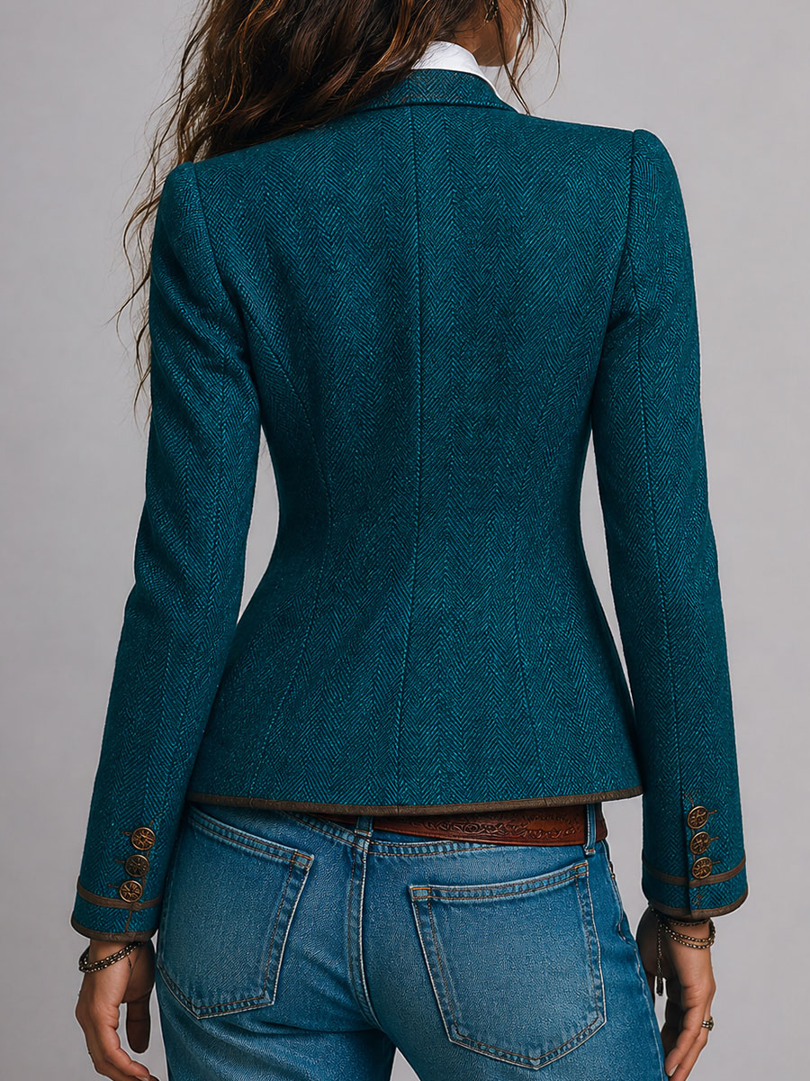 Retro Herringbone Tweed Fitted Blazer with Contrast Trim