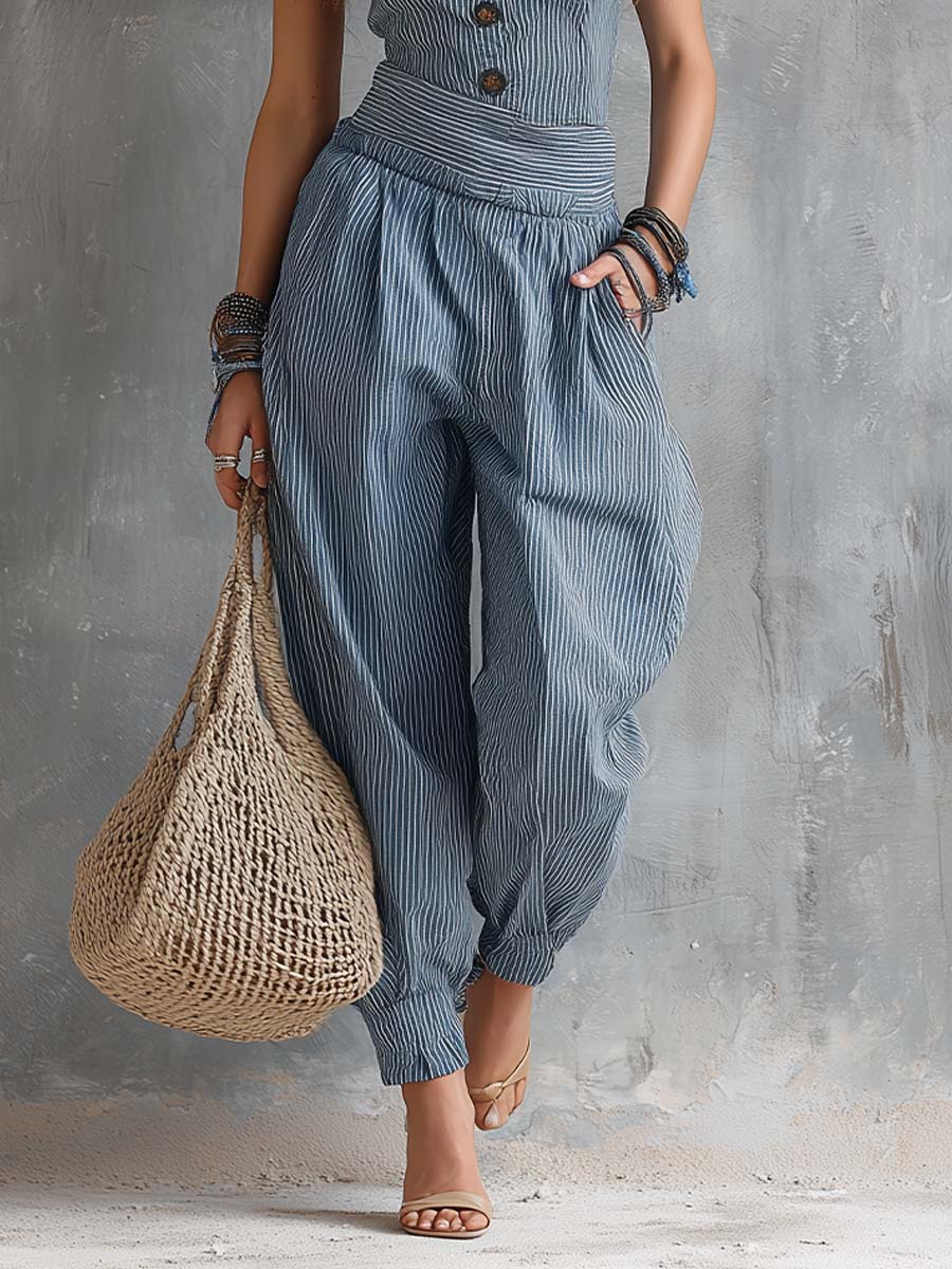 Blue Pinstripe Sleeveless Top & Tapered Pants Set