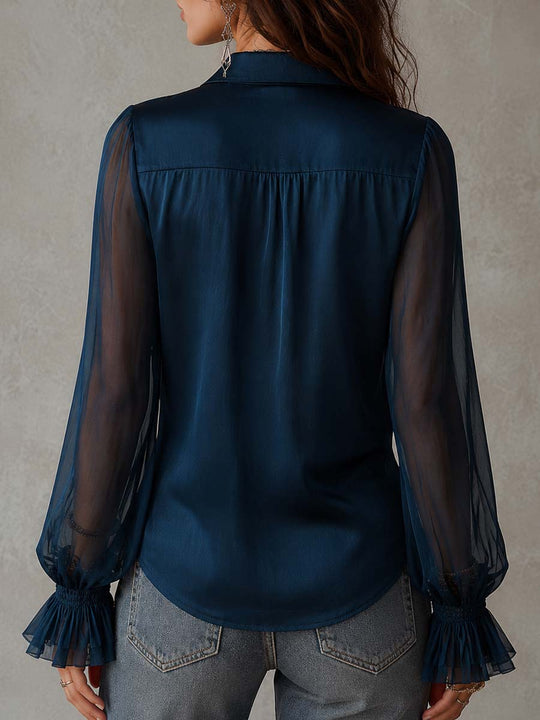 Vintage Tencel Blend Ruffle Collar Sheer Long-Sleeve Shirt