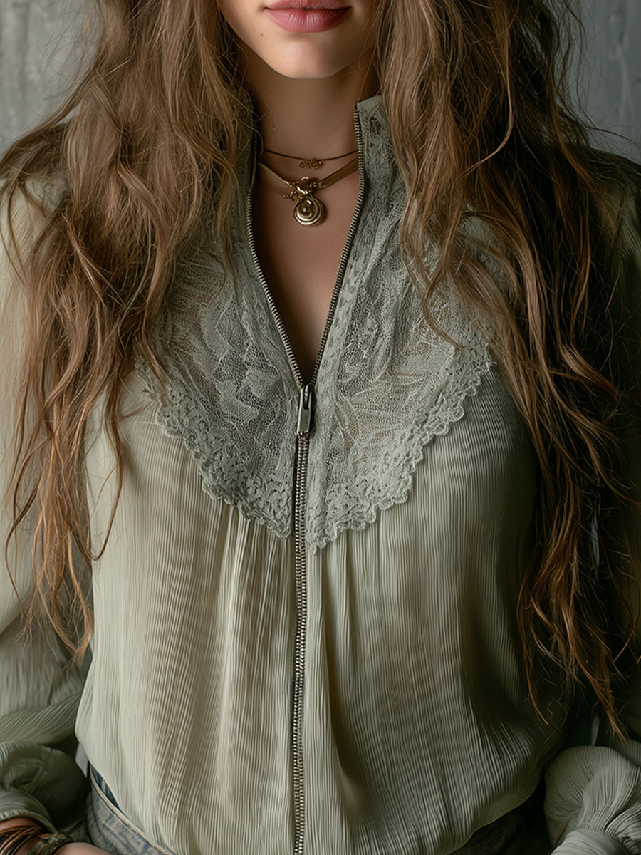 Bohemian Style Chiffon Blouse With Ruffled Lace Trim And Front Zipper