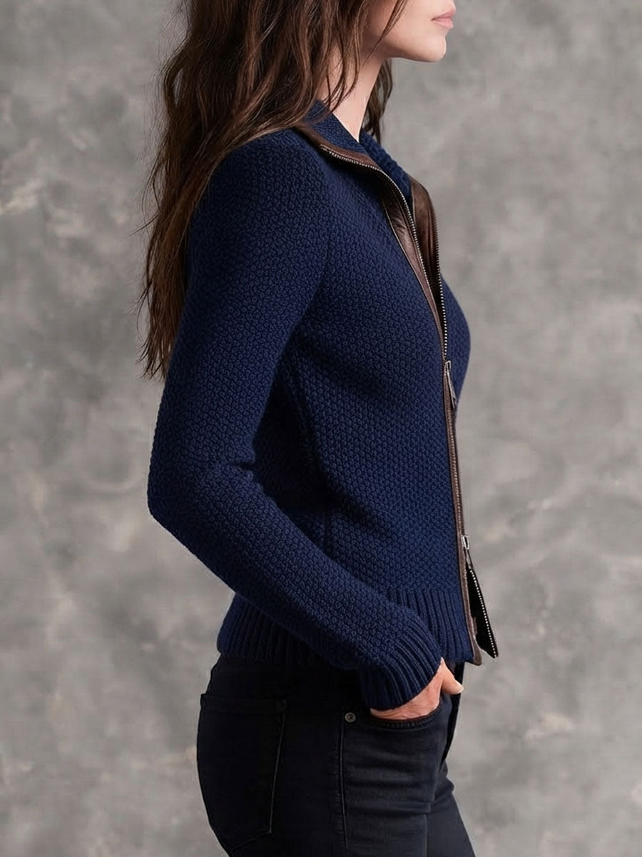 Retro Textured Knit Double Zipper Moto Jacket With Contrast PU Leather Trim