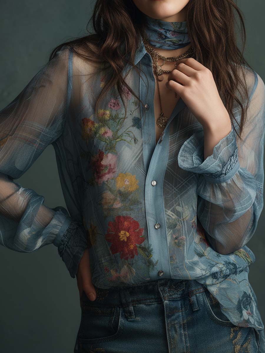 Vintage Boho Sheer Floral Button-Up Blouse