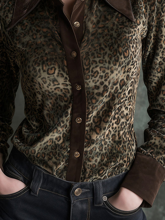 Retro Contrast Collar And Cuffs Velvet Leopard Print Blouse