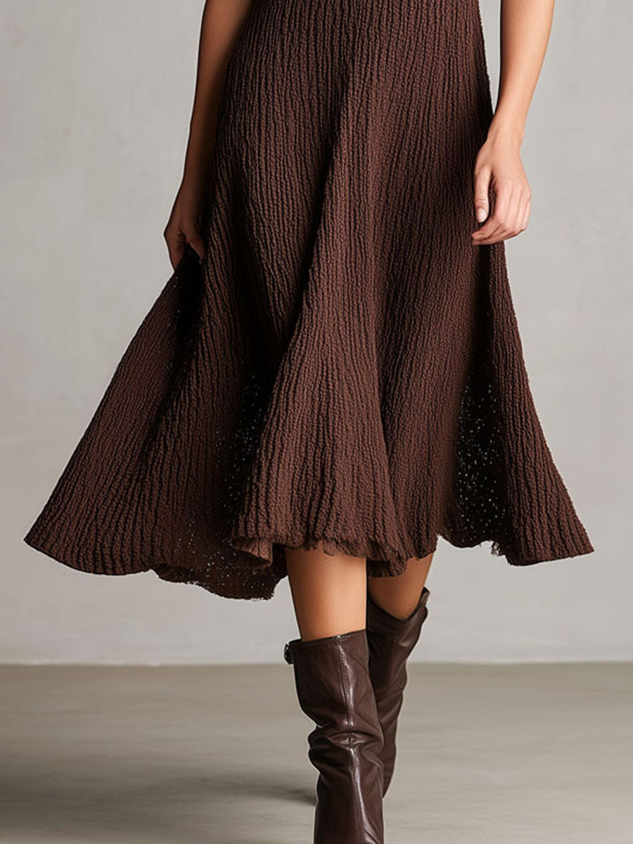 Quiet Luxury Chocolate Textured Knit Polo Midi Dress