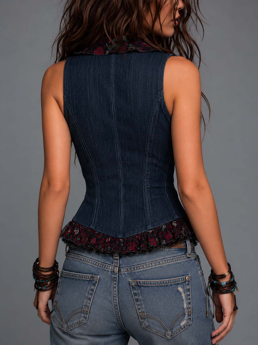 Dark Denim Corset Vest With Floral Print Trim