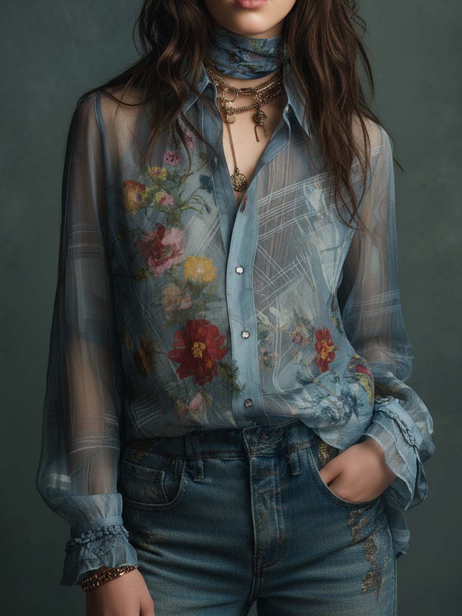 Vintage Boho Sheer Floral Button-Up Blouse