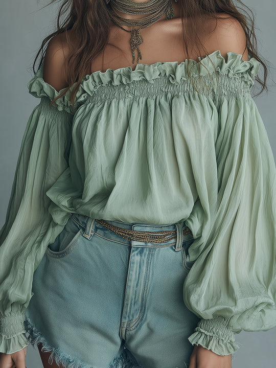 Retro Off-the-shoulder Chiffon Blouse With Lantern Sleeves