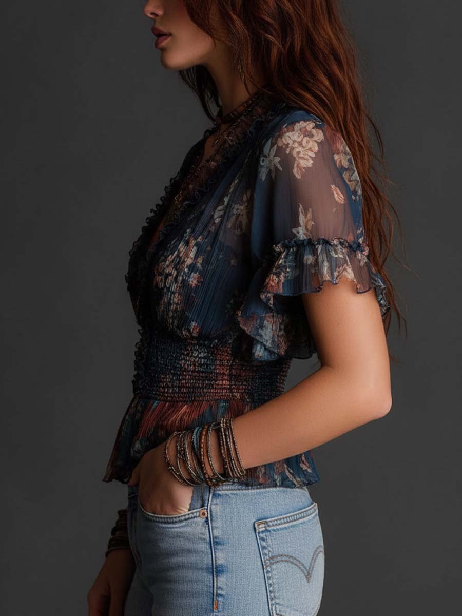 Vintage Boho Floral Crinkle Chiffon Ruffle Zip Front Smocked Waist Short Sleeve Blouse