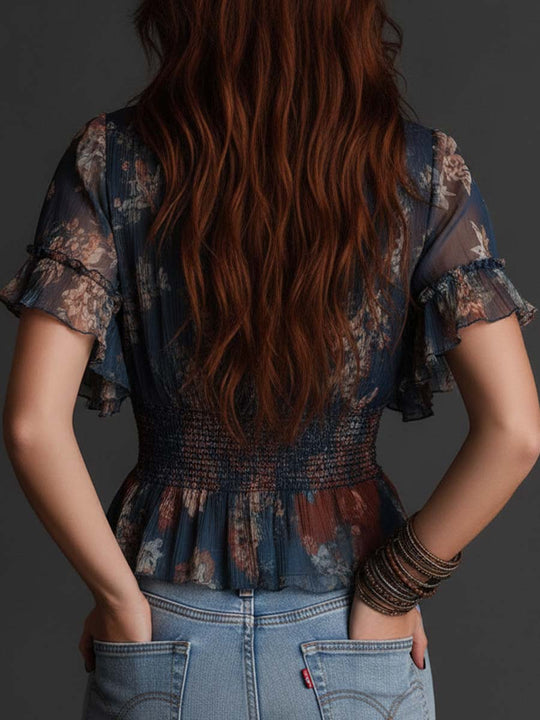 Vintage Boho Floral Crinkle Chiffon Ruffle Zip Front Smocked Waist Short Sleeve Blouse