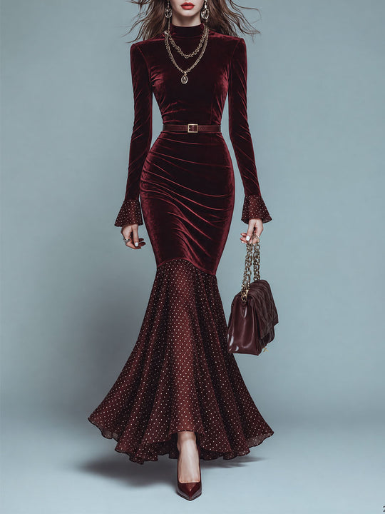 Elegant Burgundy Velvet Mermaid Maxi Dress with Polka Dot Flounce Hem