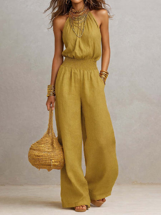 Tan Cotton Linen Halter Neck Smocked Waist Wide Leg Jumpsuit