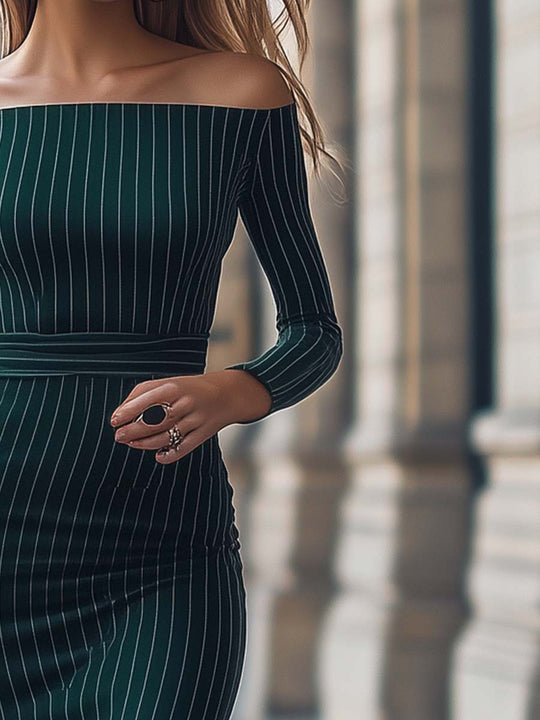 Elegant Off-Shoulder Pinstripe Bodycon Dress