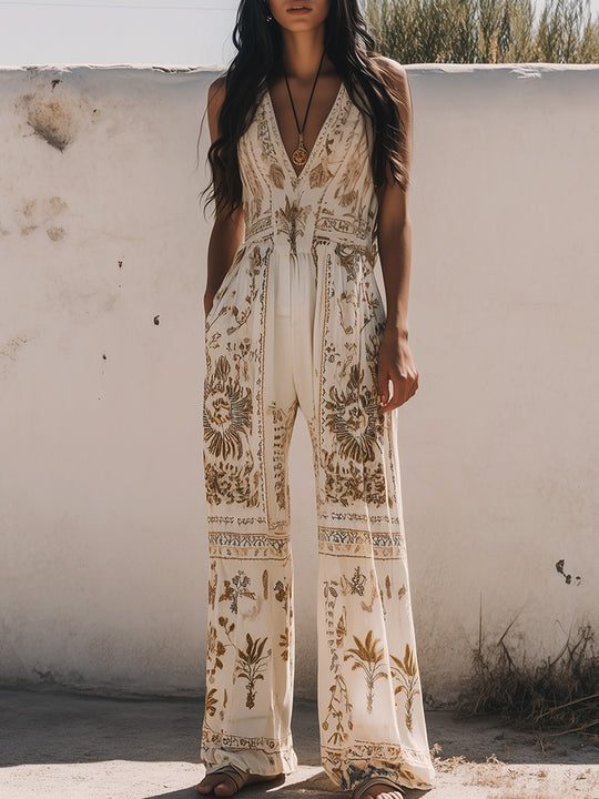 Casual Bohemian Cotton and Linen Sleeveless Jumpsuit