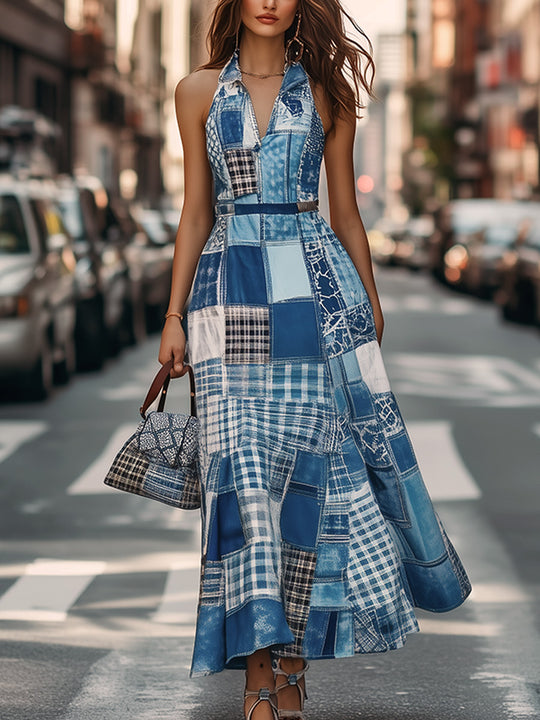 Fashion Art Blue Patchwork Maxi Dress