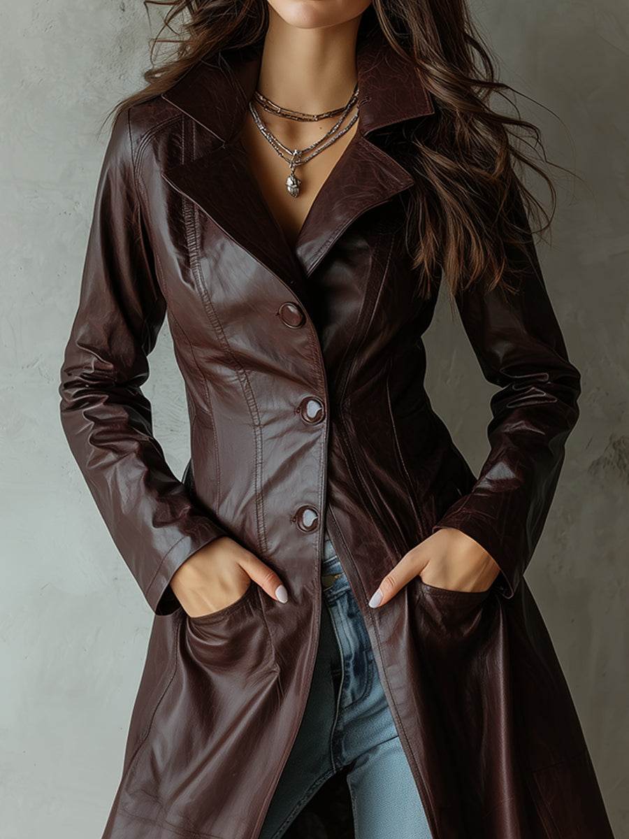 Vintage Single-breasted Eco-leather A-line Mid-length Jacket