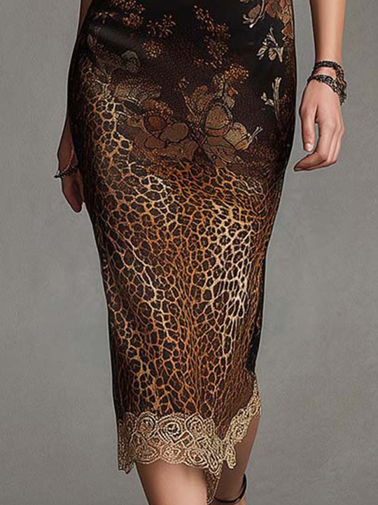 Vintage Glam Printed Satin Lace Trim Midi Dress