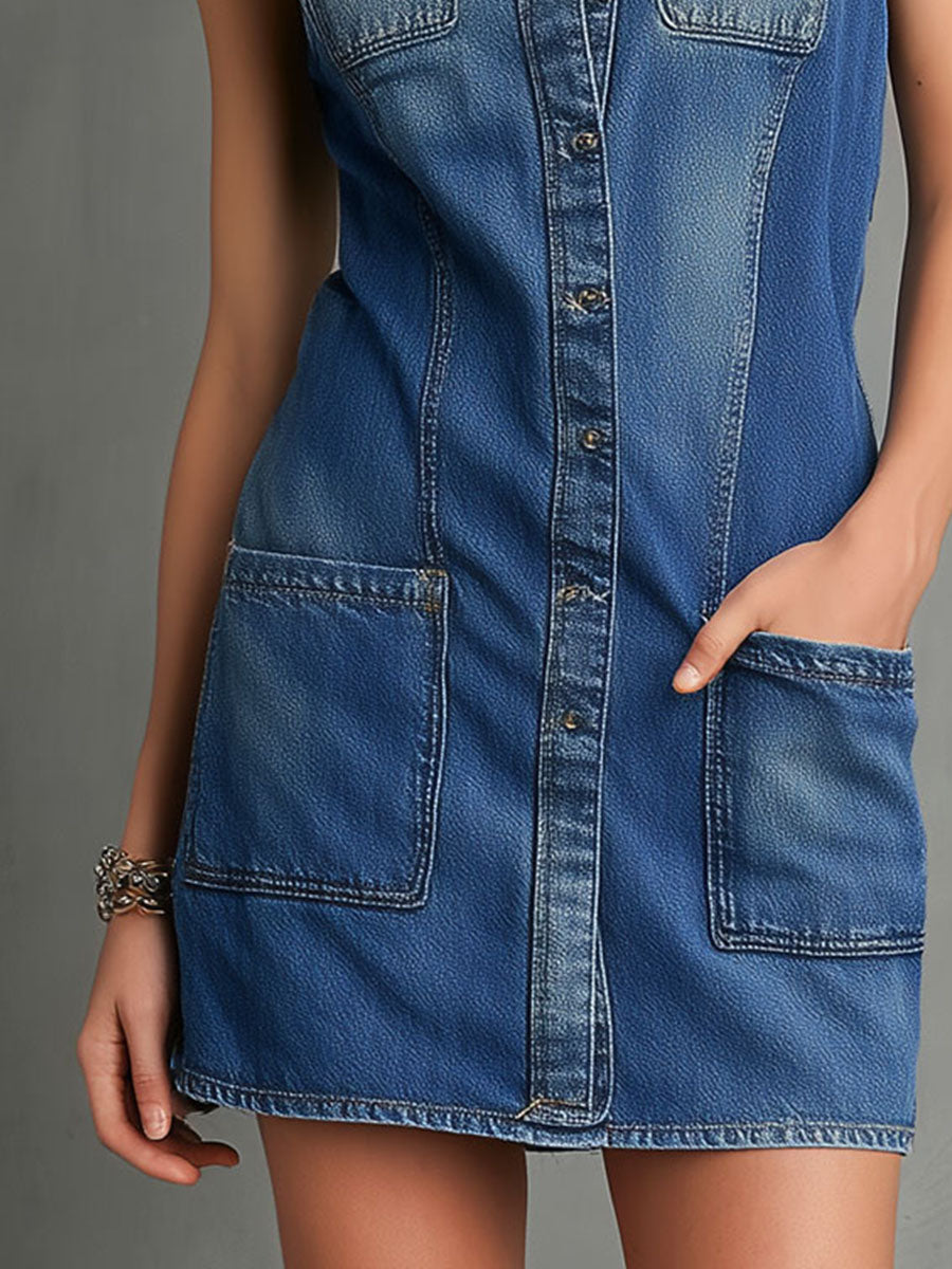 Retro 90s Sleeveless Denim Mini Dress With Utility Pockets