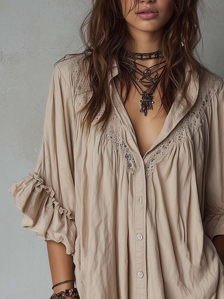 Retro Ruffle Cuffs Cotton Linen Mini Dress