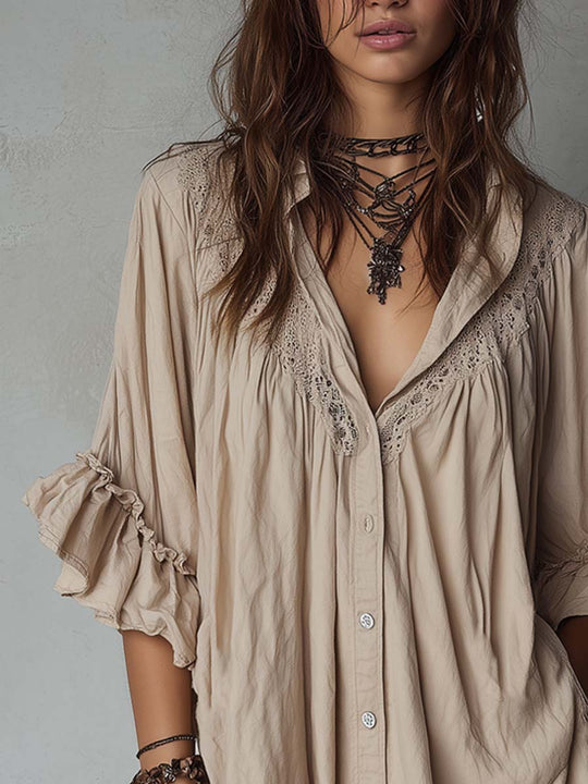 Retro Ruffle Cuffs Cotton Linen Mini Dress