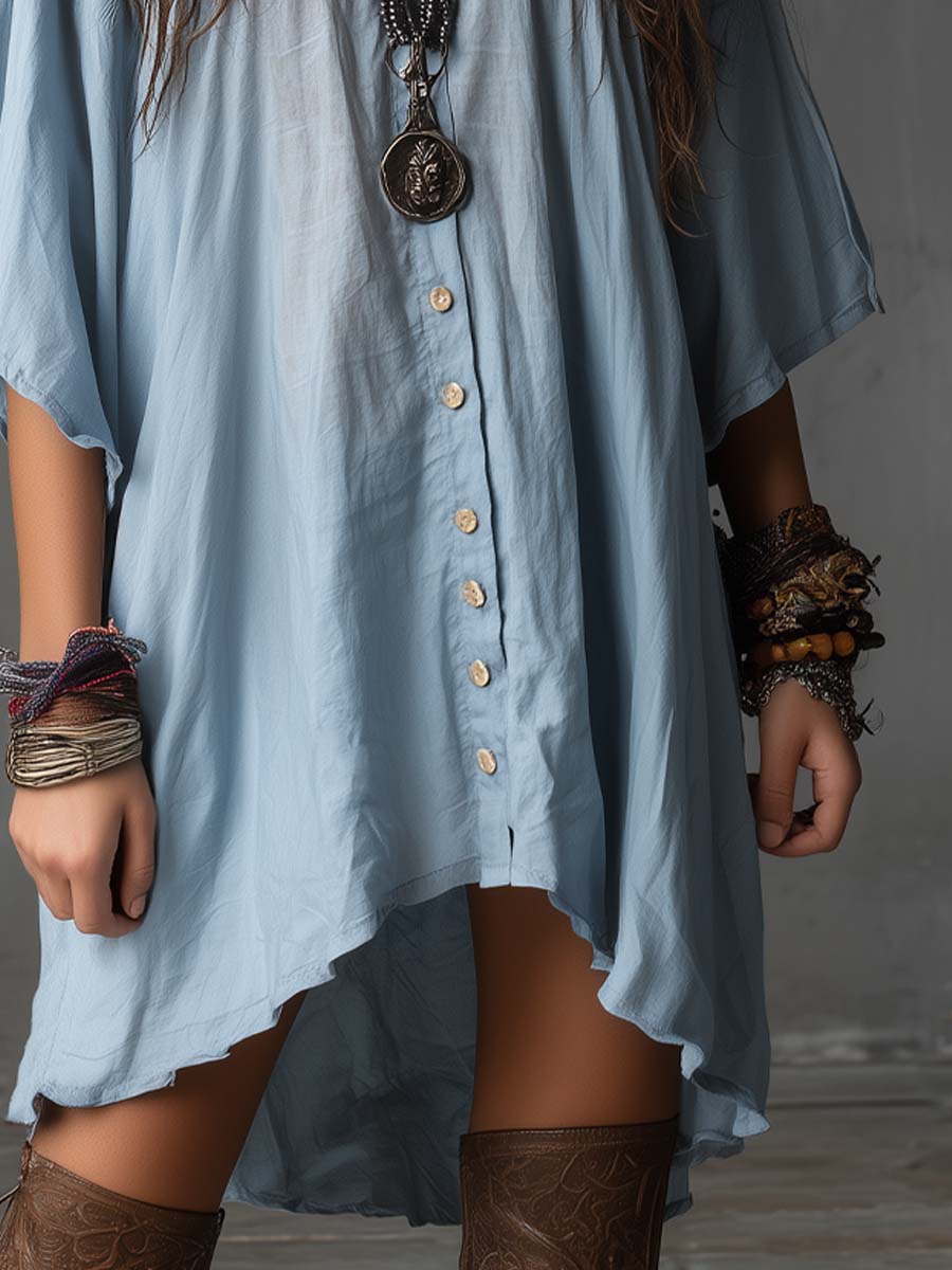 Retro High-low Hem Cotton Linen Mini Dress