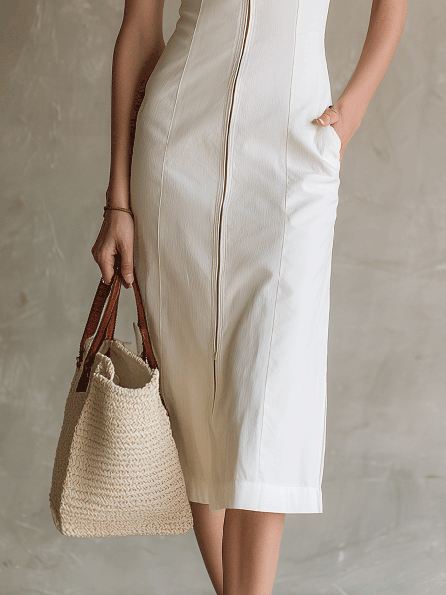 Minimal Fitted White Zip-Front Midi Dress