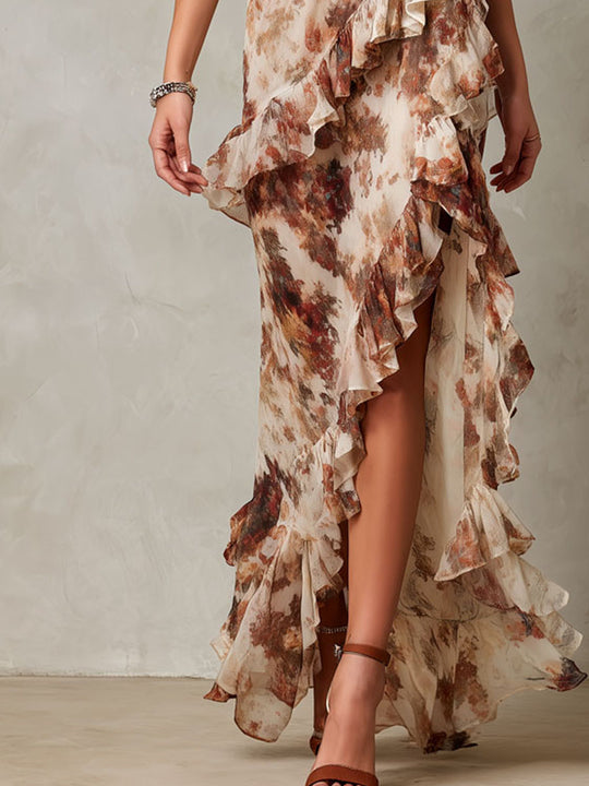 Boho Earth-Tone Tie-Dye Print Ruffled Chiffon Maxi Dress
