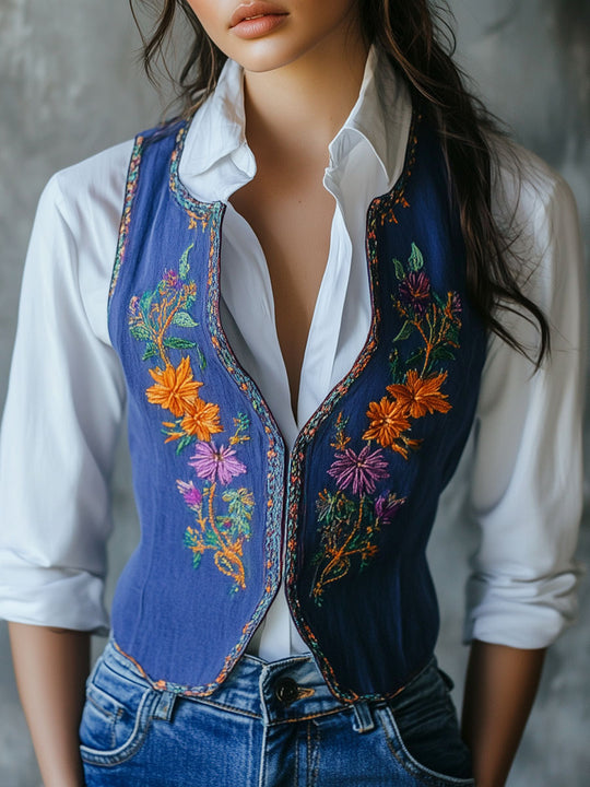 Floral Embroidery Waist-cinched Cotton and Linen Vest