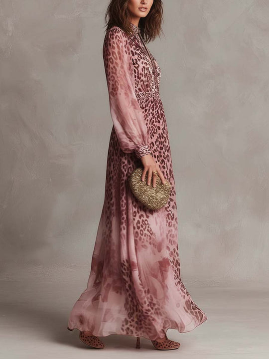 Pink Floral Leopard Chiffon Maxi Dress